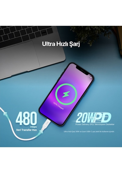 20w Pd Destekler Type c Lightning Apple Uyumlu iPhone Hızlı Şarj Ve Data Transfer Kablosu 150cm