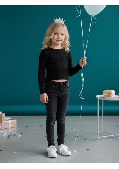 Zekids Kız Bebek Pamuklu Kolları Fiyonk Detaylı Kaşkorse Bluz-16521 Siyah