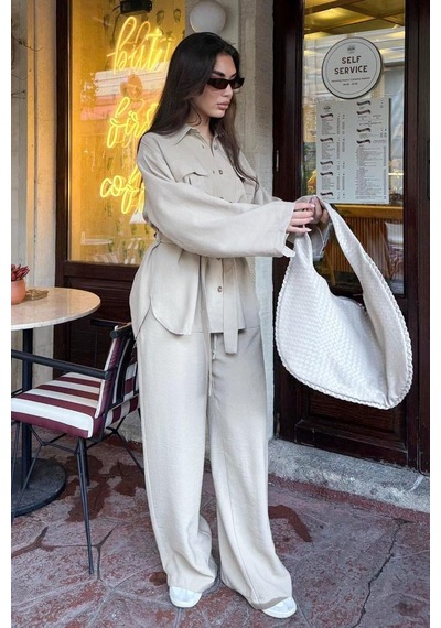 Seeh Bej Uzun Kollu Oversize Kadın Takım Sh338 Standart