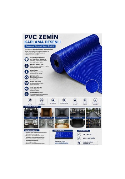 Pvc Desenli Zemin Kaplama Muşambası 2mm 1x5 Metre Kaymaz Araç Konteyner Oto Taban Kaplaması Mavi