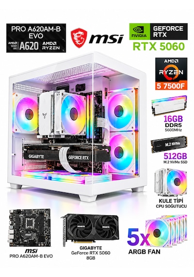 Gameline Hiper-V4 R5-7500 16 GB  512 GB SSD RTX5060 Free Dos Masaüstü Oyuncu Bilgisayarı