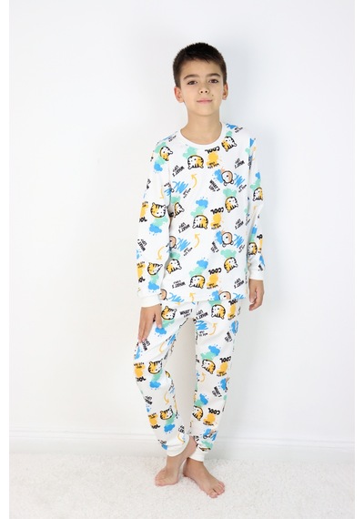 Harika Kids Erkek Çocuk Baskılı İnterlok Kumaş Uzun Kollu Pijama Takımı Beyaz - Mavi Harika Kids Erkek Çocuk Baskılı İnterlok Kumaş Uzun Kollu Pijama Takımı Beyaz - Mavi
