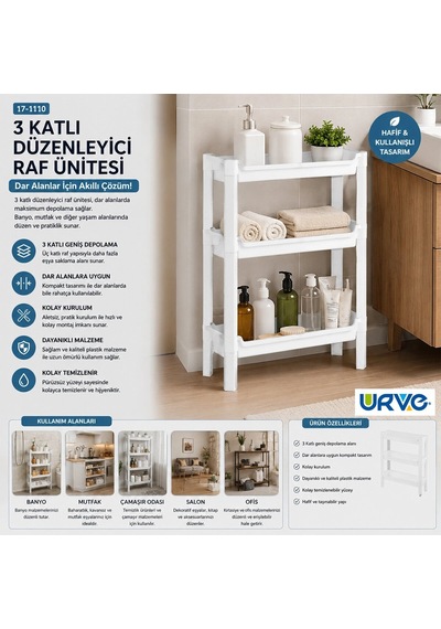 Orehome Rafty 3 Katlı Dar Alan Düzenleyici Raf Ünitesi - Banyo Ve Mutfak İçin İnce Sepet Organizer 46,5x14,5x50 Cm Beyaz