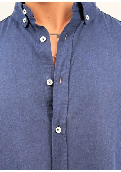 Zaee Oversize Dökümlü Keten Gömlek Lacivert