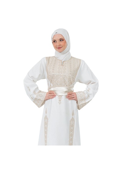 Zaytoon Filistin Nakışlı Modern Beyaz Kaftan Elbise - Geleneksel Şıklık Altın