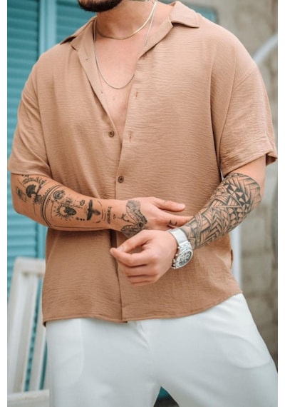 Tarz Cool Erkek Krep Kumaş Oversize Gömlek Krem