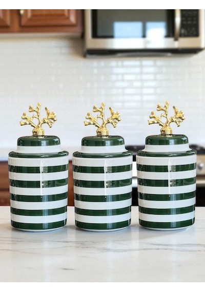 Baharatlık - Seramik Kapaklı 3 Lü Yeşil Zebra Gold