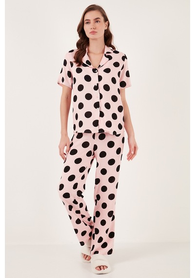 Lela Rahat Kesim Bol Paça Mono Yaka Kısa Kollu Bayan Pijama Takımı 6110290 Pembe