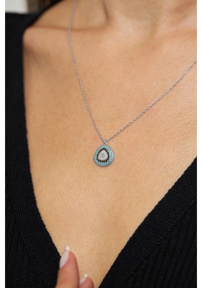 Roza Silver Mix Taşlı Rodyum Nazar Boncuğu Minimal Gümüş Kolye