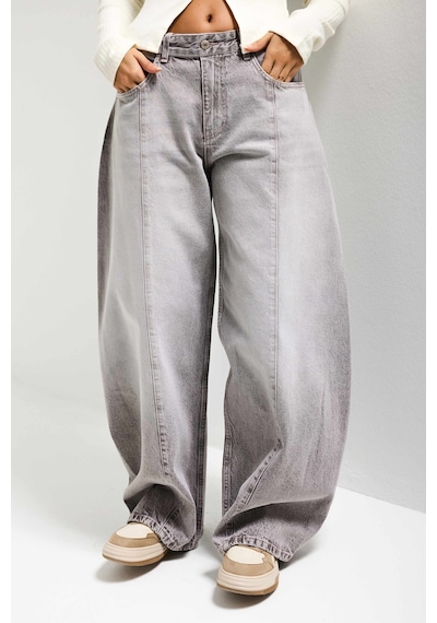Itsbasic Kadın Gri 4s6-158 Low Rise Baggy Fit Kemer Detaylı Bol Kesim Denim Jean