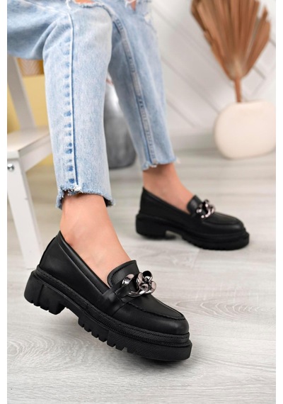 Aymood Kadın Siyah Zincirli Kalın Taban Loafer Makosen Ayakkabı Siyah