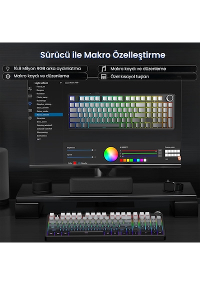 Aula F99 Pro 3 Modlu Rgb Hot Swap Mekanik Nimbus V3 Switch Kablosuz Makrolu Klavye Gradyan Gri