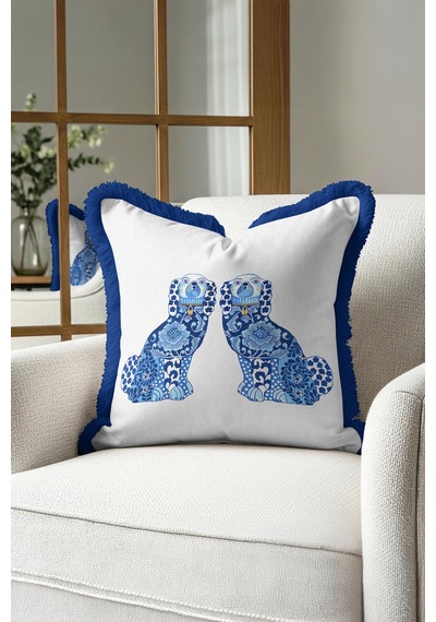 Çini Motifli Saçaklı Yastık Kılıfı - Vintage İngiliz Klasik Mavi Bohem Püsküllü Kırlent Kılıfı Buzlu Okyanus Bej Çini Motifli Saçaklı Yastık Kılıfı - Vintage İngiliz Klasik Mavi Bohem Püsküllü Kırlent Kılıfı Buzlu Okyanus Bej