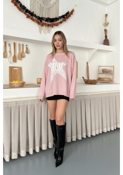 Flex Fashıon Kadın Popüler Yıldız Detaylı Salaş Oversize Trend Triko Kazak Pembee - 815291364 Pembee - 815291364 Pembee