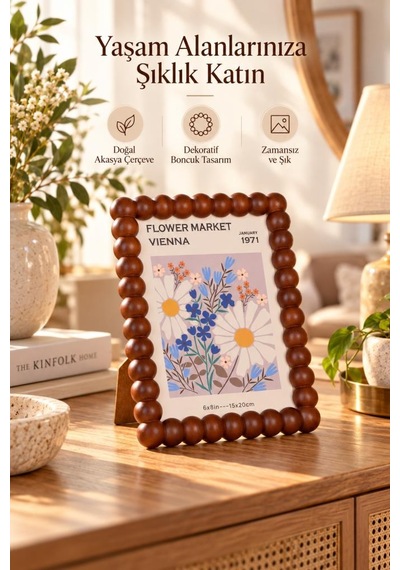 Atbyhome Akasya Ahşap Boncuk Çerçeve 15x20 Cm - Top Boncuklu Masa Üstü Fotoğraf Çerçevesi Ve Sanat Tablosu