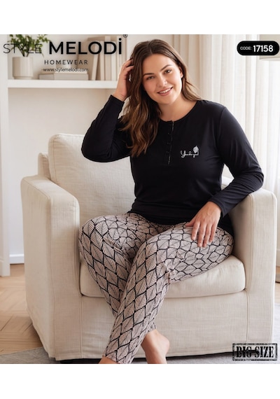 Melodi 17158 Uzun Kol %100 Pamuk Battal Büyük Beden Kadın Pijama Takımı Siyah