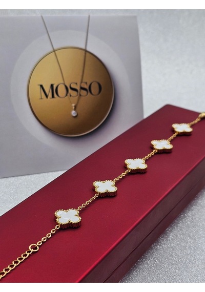 Gold Beyaz Sedefli Renk Çelik Bileklik Yoncalı Model Beyaz