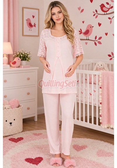 Lady Bebe Pembe Renkli Dantel Detaylı 33207 Kısa Kol 2 Parça Lohusa Hamile Pijama Takımı Açık Pembe