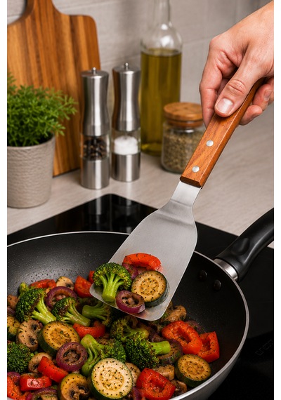 Japon Spatulası Bıçaklı Ve Delikli - Profesyonel 304 Kalite - Teppanyaki Stil Spatula - Ahşap Akasya Saplı - Hem Dekoratif Hem Pratik Paslanmaz Çelik