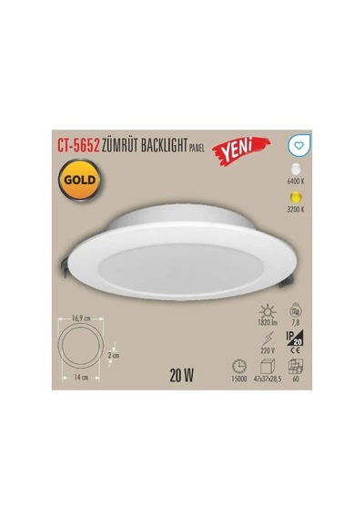 Ct-5652 Zümrüt 20 Watt Günışığı Sıva Altı Yuvarlak Backlight Led Panel Beyaz