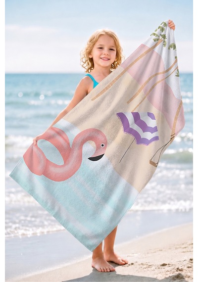 Flamingo Tropikal Palmiyeli Çocuk Plaj Havlusu - Pastel Pembe Modern Hızlı Kuruyan Mikrofiber Havlu Çok Renkli