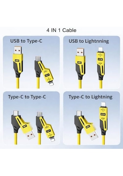 4 Ü 1 Arada 65w Yaylı Hızlı Şarj Kablosu Type-c & Lightning Pd Destekli, Dolaşmaz Spiral Tasarım, 1.5m Uzayabilir, Araç & Ev Uyumlu Şarj Ve Veri Kablosu Siyah