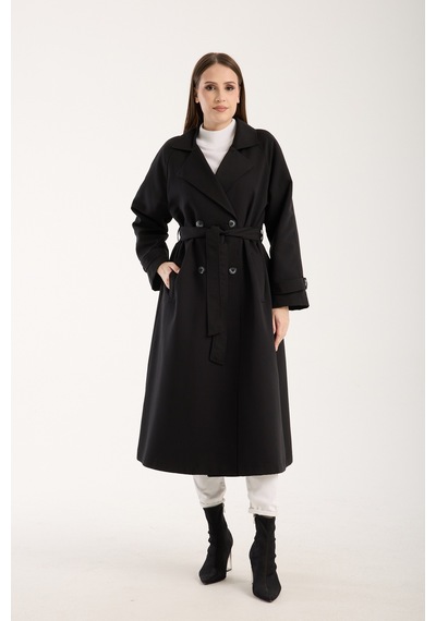 Siyah Kemerli Oversize Astarlı Trençkot 46159