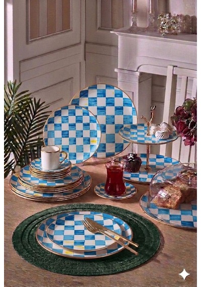 34 Parça Bella Chess Mavi Yaldızlı 6 Kişilik Pasta Çay Servis İkram Takımı-6090