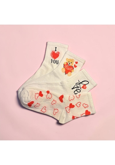 Heren Socks Kalp Love Temalı 4'lü Kolej Boy Kadın Soket Beyaz
