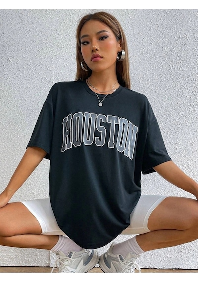 Startmore Kadın Beyaz Houston Baskılı Oversize T-shirt Siyah