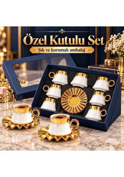 6 Kişilik 12 Parça Türk Kahvesi Fincan Seti 100 Ml Beyaz Gold Detaylı Porselen Çok Renkli