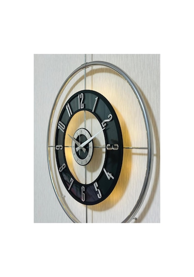 Pey Aksesuar Metal Camlı Duvar Saati Krom Toz Boya 60x80cm Büyük Boy Işıklı Gerçek Cam Duvar Saati Modern Tasarım M61-kromgrı-şeffaf-siyah-gümüş