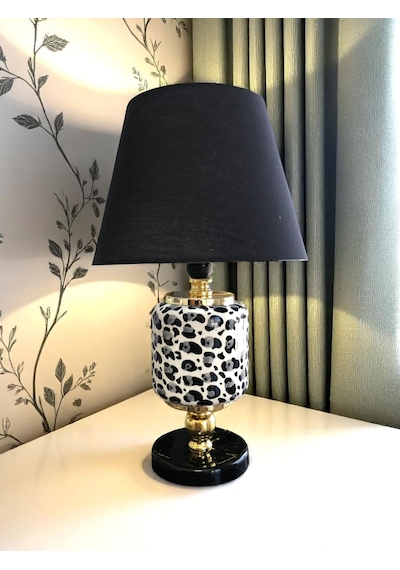 Abajur - Oval Gri Leopar Desen Siyah Şapka Gold Gri - Siyah