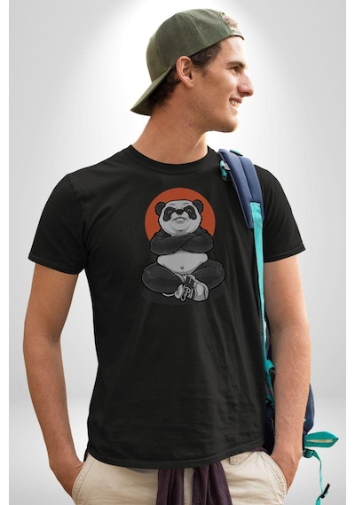 Yoga Panda Unisex Unisex Siyah Organik Baskılı T-shirt Penye Yüksek Kalite Siyah