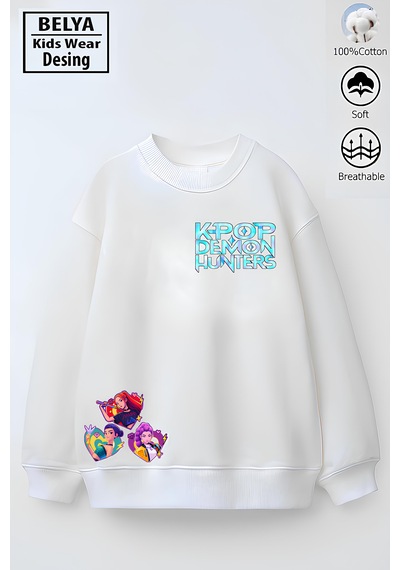 Tam Kalıp Oversize Kız Çocuk Pamuğa Pamuk 3 İplik Kumaş Pop 2 Tasarım Sweatshirt Beyaz