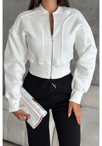 Noa & Noa Kadın Fermuarlı Fit Cropped Sweatshirt Sportif & Şehirli Stil Beyaz