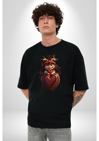 Çikolata Kız Kalbi Pamuklu Bisiklet Yaka Unisex Oversize Boyfriend Dijital Baskılı Siyah T-shirt Siyah