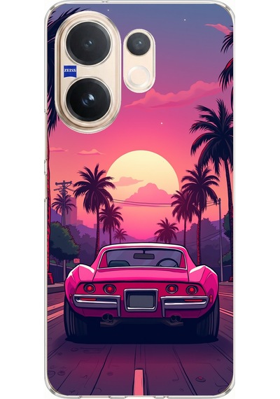 Vivo V60 Uyumlu Palmiye Neon Pembe Araba Baskılı Silikon Kılıf Renkli