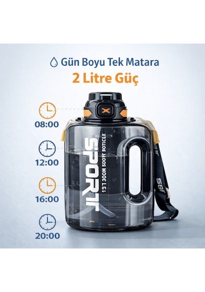 Polham 2 Litre Sporcu Su Matarası Pipetli Açılır Kapak,taşıma Askılı,sızdırmaz Tasarım, Bpa İçermez Siyah