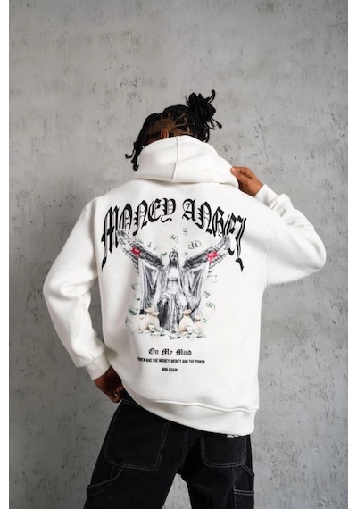 Freedom Storee Erkek 3 İplik Pamuklu Baskılı Kapüşonlu Cepli Sweatshirt Hoodie - Beyaz Çok Renkli
