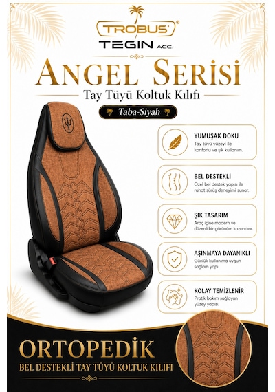 Seat Leon 2005 Ve Sonrası Uyumlu Angel Serisi Tay Tüyü Koltuk Kılıfı Taba Siyah