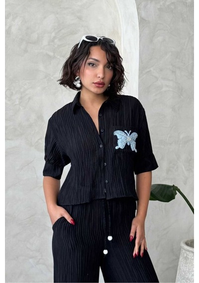 Verymoda Kelebek Detaylı Plise Gömlek D2782 SİYAH