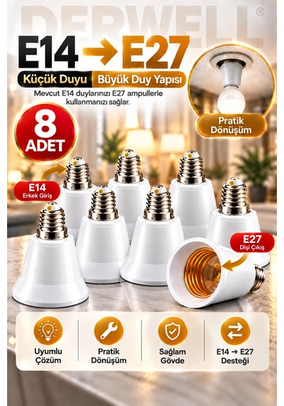 8 Adet E14'ten E27'ye Ampul Duy Dönüştürücü Adaptör - Küçük Duyuyu Büyük Duya Çevirici Aparat, Ev Ve Ofis İçi Pratik Aydınlatma Çözümü, Sağlam Ve Dayanıklı Gövde Yapısı