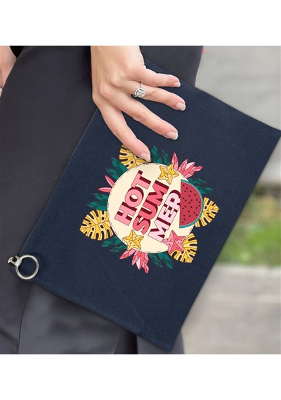 Bk Gift Yaz Temalı-8 Astarlı Lacivert Portföy Çanta 30x21cm, Baskılı El Çantası, Organizer Çanta