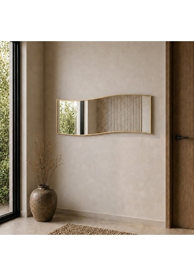 Modern Dalgalı Boy Aynası 40x120 Cm Organik Formlu Minimalist Dekoratif Duvar Aynası 2026 Trend Altın