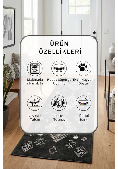 Salon Mutfak Yatak Odası Dijital Baskı Yolluk Yıkanabilir Yollu 4 Siyah