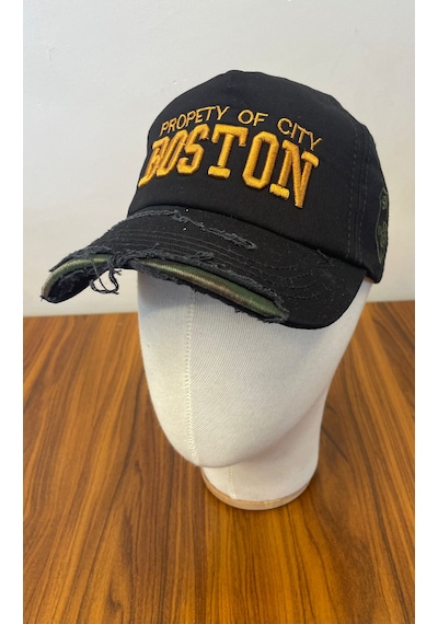 Boston Nakışlı Eskitme Vintage Model Pamuklu Cap Şapka Siyah