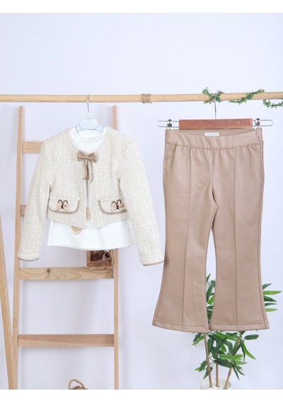 Xo Kids Kız Çocuk Tüvit Ceket Ve Deri Pantolon 3lü Takım 4-14 Yaş 4409 Bej - Kahverengi