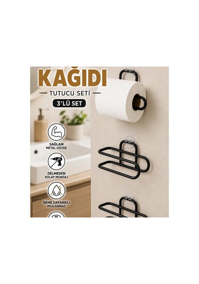 Siyah Yapışkanlı Rulo Kağıt Tutucu 3 Lü Duvar Tipi Set Renkli