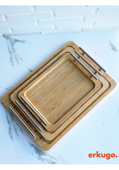 Küçük Boy Bambu Tepsi, Metal Kulplu Tepsi, Kulplu Tepsi, Servis Tepsisi 28 X 20 Cm Kahverengi
